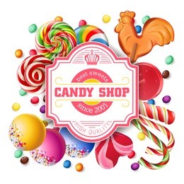 vector illustration background of sweet candy, sweetmeats, lollipops. frame made of sweets