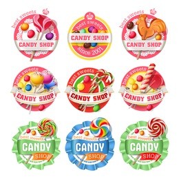 vector set of lollipop, candy logos, stickers, made in a realistic style.