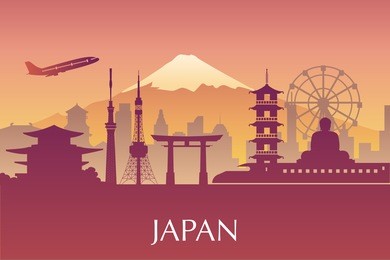 silhouette illustration of tokyo city in japan.japan landmarks famous buildings.