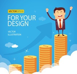 successful happy business man standing on huge growth money stairs in sky. success financial rich concept. business concept cartoon vector illustration. flat style
