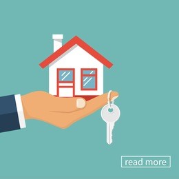 hand agent with home in palm and key on finger. offer of purchase house, rental of real estate. giving, offering, demonstration, handing house keys. vector illustration flat design.