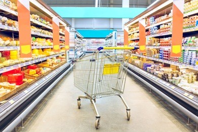 cart at the grocery store. supermarket interior, empty shopping trolley. business ideas and retail trade. advertising of food products.