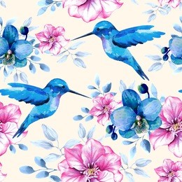 flower pattern with blue and pink flowers and hummingbirds. watercolor seamless background with birds.