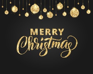 merry christmas card with lettering and glitter decoration. black and gold background with hanging christmas balls. great for greeting cards, party posters, banners. vector illustration.