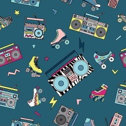 seamless pattern with various vintage cassette players and roller skates. retro 80s and 90s style vector art.