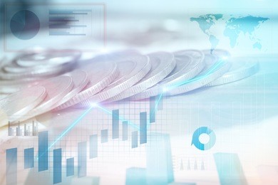 stacks of coins on banking account in the background,color filter,graphs and charts