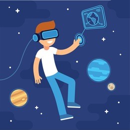 boy with vr headset in space. virtual reality for education and games. flat cartoon vector illustration.