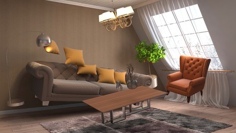 zero gravity furniture hovering in living room. 3d illustration.