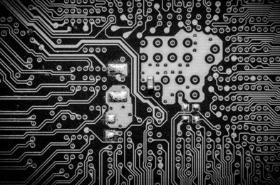 electronic circuit digital technology, computer board. black and white
