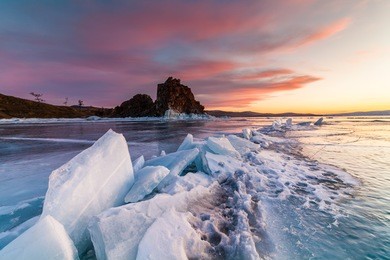 shaman rock at sunset. lake baikal, siberia russia