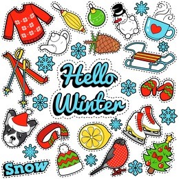 hello winter stickers, badges, patches decoration set with snow, warm clothes and christmas tree. vector doodle