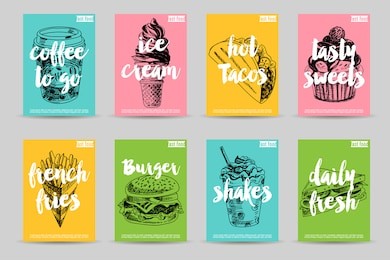 vector hand drawn fast food posters. vintage style. retro food background. sketch