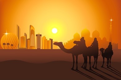 three camel riders at the sunset in the desert on the abu-dhabi background vector illustration
