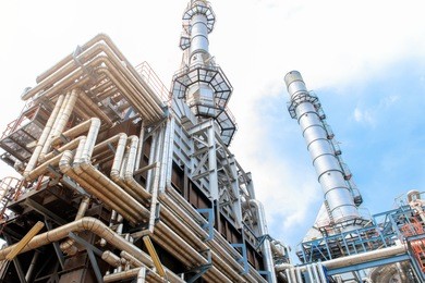 the equipment of oil refining, detail of oil pipeline with valves in large oil refinery, industrial zone.