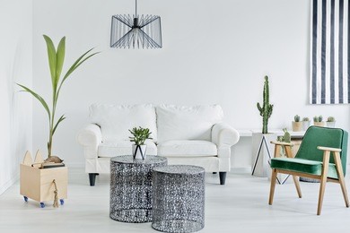 living room with green armchair, openwork table and sofa