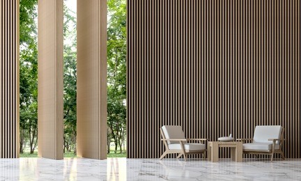 modern peaceful living room in the forest 3d rendering image minimalist style white marble floor decorate wall with wood lattice,walls can open a window with a twist for looking out to nature