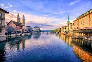 panoramic view of the old town of zurich and limmat river on sunrise, switzerland