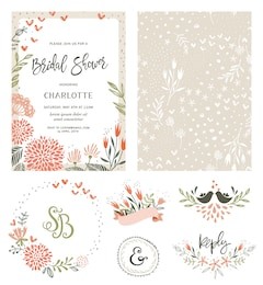 rustic hand drawn bridal shower invitation with seamless background and floral design elements. vector illustration.