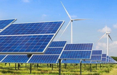 photovoltaics and wind turbines generating electricity in solar power station alternative energy from nature  