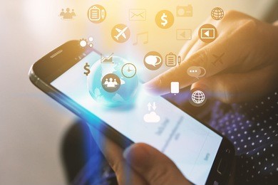 hand touch screen smart phone. application icons interface on screen. social media concept