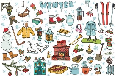 winter christmas  season doodle set.vintage decoration,new year doodle elements.snowflakes,food,snowman,fireplace ,knitted wear, holiday symbols.hand drawn isolated.christmas holiday illustration