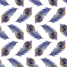 watercolor seamless pattern with peacock feathers isolated on white background. cute hand drawn illustration
