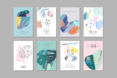 set of creative universal floral art posters in tropical style. hand drawn textures. wedding, anniversary, birthday, valentin's day, party invitations. 