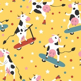 vector seamless pattern with funky cows on skates and kick scooters. cartoon animals ride on the boards background. 