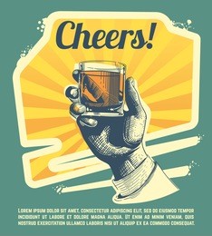hand with drink glass. retro vector party poster.