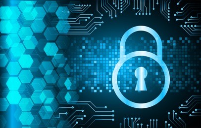 safety concept, closed padlock on digital background, cyber security, blue abstract hi speed internet technology background illustration. key. vector