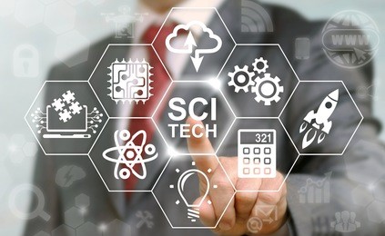 business sci-tech stem science technology engineering math industrial concept. sci tech computing internet education web icon. man presses modernization innovation strategy planning industry button.