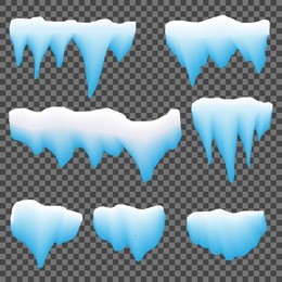 set of isolated snow cap. snowy elements on winter transparent. vector template in cartoon style for your design. snowfall and snowflakes in motion