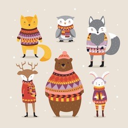 cute winter animals in boho style. hipster winter animals