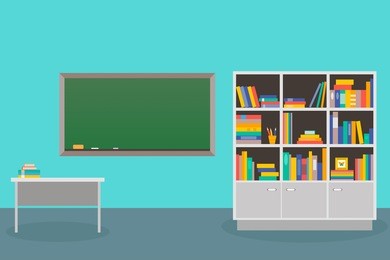 the interior is class with a cupboard for books, school board and teacher's desk. vector illustration.