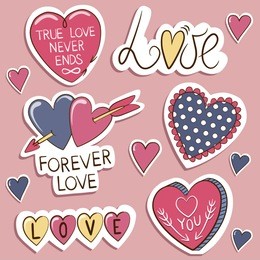 pack of love stickers  with hearts. hand drawn hearts and words in doodle style. love concept. freehand drawing. valentines day decoration elements.