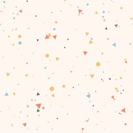 abstract seamless pattern with colorful blue, gray, yellow, orange chaotic small circles and triangles on beige. infinity geometric pattern. vector illustration.  