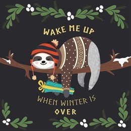 cute baby sloth sleeping on the tree and holding gift box. funny hipster sloth dressed up in winter style. adorable cartoon animal. vector winter forest illustration