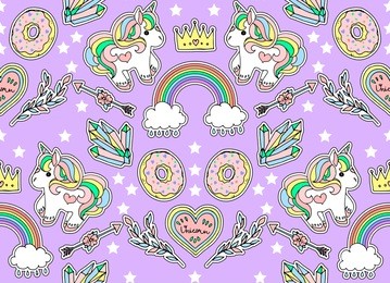 seamless fashion pattern. set of stickers, pins, patches and handwritten notes collection in cartoon. unicorn, donut, crown, rainbow and other.  vector illustration