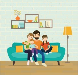 smiling young parents and their children on sofa in the living room. vector flat illustration