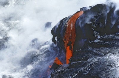 usa, hawaii, big island, volcanos national park, cooling lava and surf