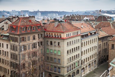 geneva city, switzerland. cityscape of old central area, photo taken from st. pierre cathedral viewpoint