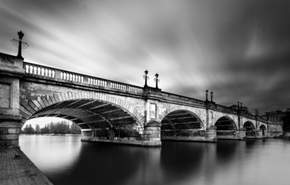 black and white long exposure photo of kingston bridge over the river thames,   kingston upon thames, surrey, england, uk