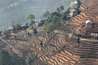 mountain hill terrace in morning haze, nagarkot, nepal