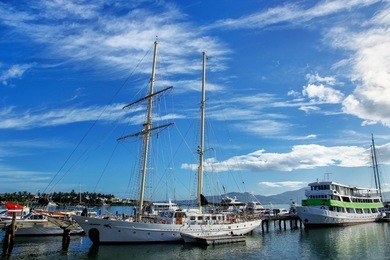 boats anchored at denarau port, viti levu, fiji. denarau island is the largest integrated resort in the south pacific.