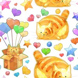 cute seamless polygonal pattern, cartoon cats, colorful background