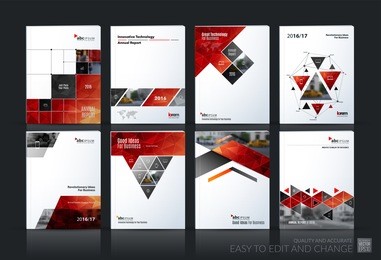 business vector set. brochure template layout, cover design annual report, magazine, flyer in a4 with red geometric shapes, squares, triangles, arrows for it, business, building. abstract