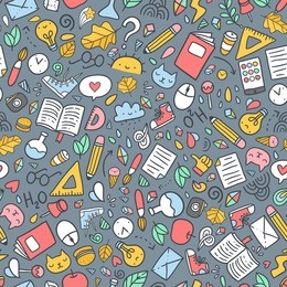 funny seamless pattern with school supplies and creative elements. back to school background.