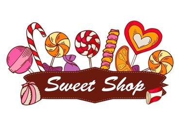 candy shop label. vector frame with sweets elements. design with lollipop, gum, nicy