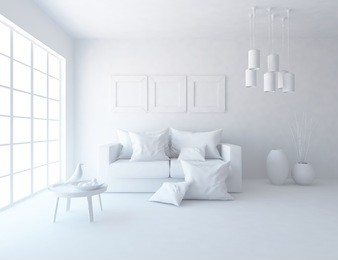 white room with a sofa. living room interior. scandinavian interior. 3d illustration
