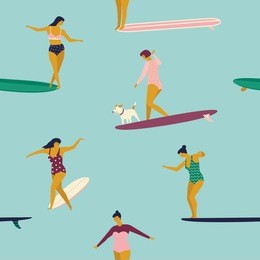 girl surfers in bikini seamless pattern in vector. flat style illustration. summer beach surfing illustration. longboard women surfing.